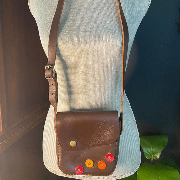 African Handmade Brown Leather Crossbody Bag with Colorful Leather Accent - Picture 12 of 12